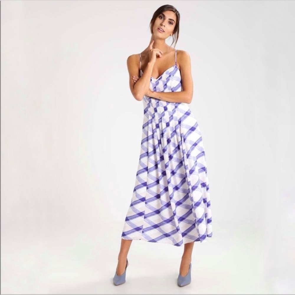 Banana Republic Strappy A-Line Slip Dress MIDI Length Blue Plaid Size 4